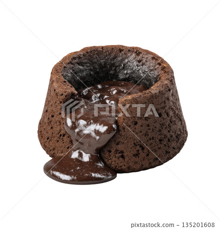 Molten chocolate lava cake with rich flowing chocolate center and moist textured exterior, delicious dessert with warm melted chocolate inside 135201608