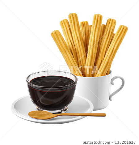 Golden churros sticks in white cup with chocolate sauce in glass bowl on white plate with wooden spoon, delicious snack treat 135201625