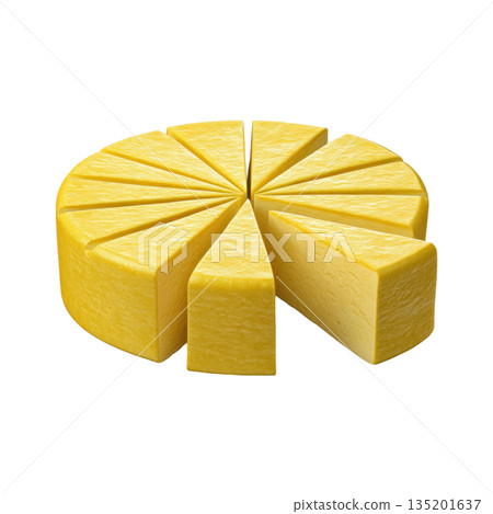 Cheesecake sliced into multiple pieces with smooth creamy texture and rich yellow color, perfect for dessert lovers 135201637