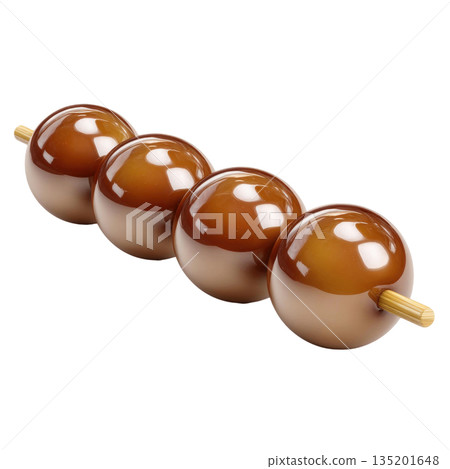 Sweet glossy brown caramel balls on wooden skewer, shiny and smooth, perfect for delicious dessert or snack treat 135201648