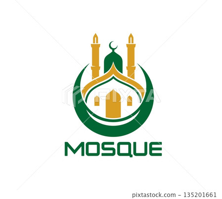 Arab muslim mosque abstract icon or sign. Islamic culture spiritual icon, Islam mosque center graphic vector emblem. Arab religion school symbol or Muslim Quran sign with crescent and mosque minarets Arab muslim mosque abstract icon or sign. Islamic culture spiritual icon, Islam mosque center graphic vector emblem. Arab religion school symbol or Muslim Quran sign with crescent and mosque minarets 135201661