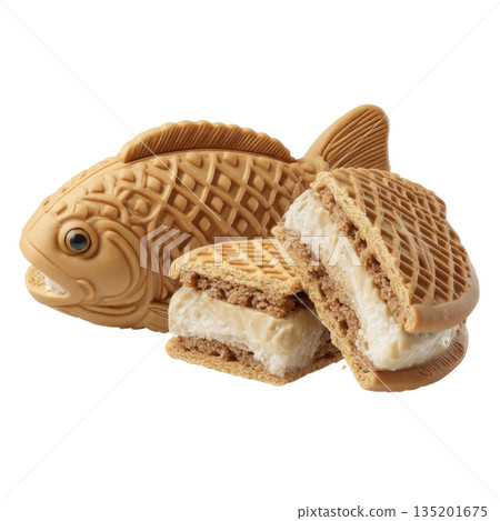 Fish shaped waffle cookie with creamy filling, showing delightful texture and inviting taste in unique dessert design 135201675