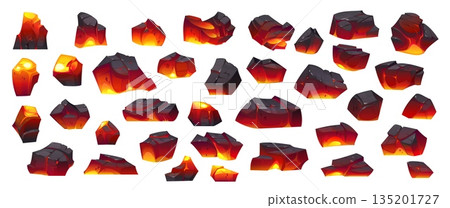 Cartoon burn ember charcoal, grill hot coal pieces. Vector fireplace, campfire, charcoal barbecue or bbq embers set. Isolated burned wood lumps with hot red glowing and cracked texture 135201727