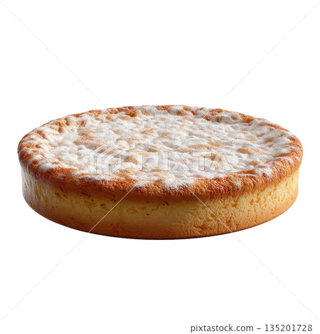Soft round cake with powdered sugar topping, golden crust, and fluffy texture, perfect for delightful dessert or snack moment 135201728