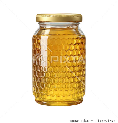 Golden honey in textured glass jar with metal lid, showcasing rich amber color and smooth consistency, perfect for sweetening food 135201758