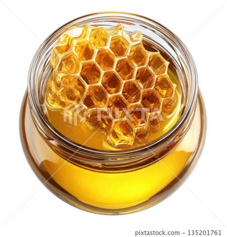 Honeycomb in glass jar filled with golden honey, showcasing natural texture and rich amber color, evoking sweetness and freshness 135201761
