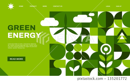 Green energy ecology landing page template with geometric Bauhaus pattern. Renewable power company, green energy production vector landing page. Environment and ecology webpage with Bauhaus pattern Green energy ecology landing page template with geometric Bauhaus pattern. Renewable power company, green energy production vector landing page. Environment and ecology webpage with Bauhaus pattern 135201772