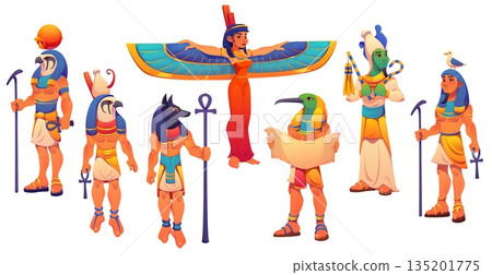 Ancient Egypt gods and goddess. Vector Ra sun god, Horus falcon headed, Anubis guardian of dead and Isis winged goddess. Cartoon Thoth scribe god with ibis head, Osiris lord of afterlife, Egypt deity 135201775