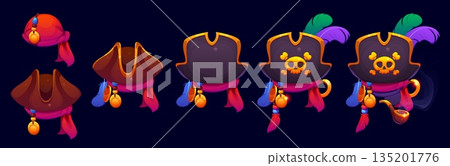 Pirate tricorn hat game rank badge, sport award icon and level achievement medal, vector UI. Cartoon pirate hat and bandana, gold coins, crossbones and skull game progress rating badge or rank trophy 135201776