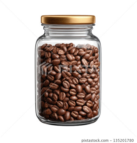 Glass jar filled with roasted coffee bean with golden lid, isolated on transparency background, fresh and aromatic 135201780
