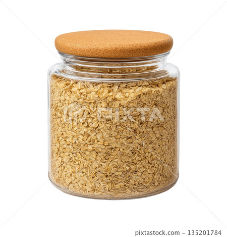 Glass jar filled with dry rolled oats with cork lid, perfect for healthy breakfast storage and natural kitchen organization 135201784