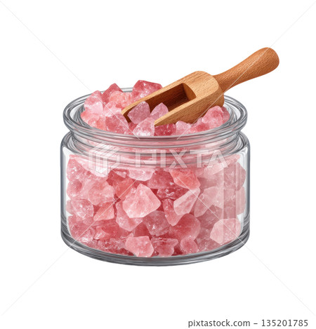 Pink Himalayan salt crystals in clear glass jar with wooden scoop, showcasing natural texture and vibrant color for culinary use 135201785