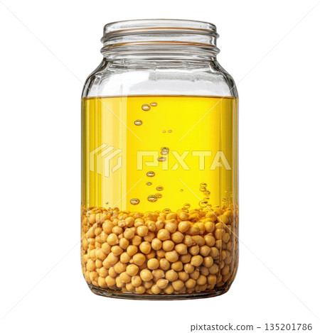 Chickpeas soaking in clear glass jar filled with yellow liquid, showing bubbles and smooth texture, isolated on transparency background 135201786