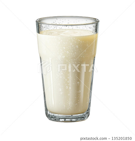 Glass of cold milk with water droplets on surface, refreshing dairy drink in transparent container, isolated on transparency background 135201850