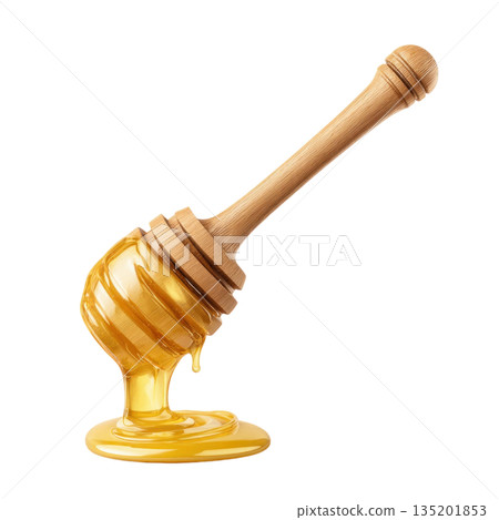 Honey dipper with golden honey dripping and pooling below, showcasing smooth texture and natural wooden handle design 135201853