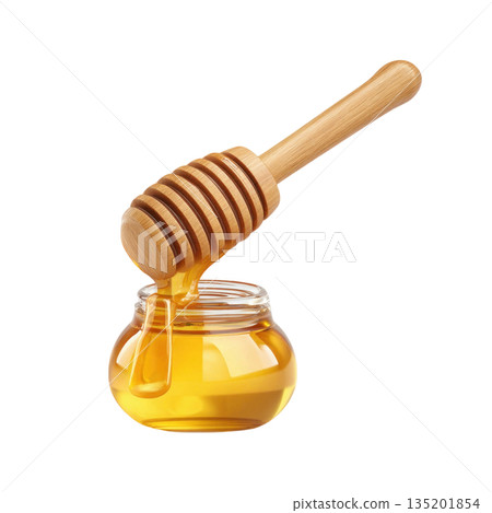 Honey dripping from wooden dipper into glass jar, golden liquid sweetness with smooth texture and natural glow 135201854