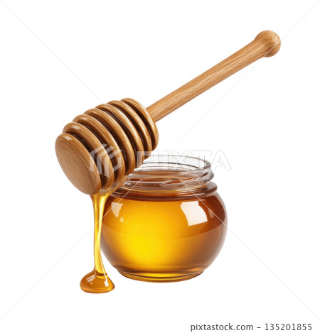 Golden honey dripping from wooden dipper into glass jar, showcasing smooth texture and rich color 135201855