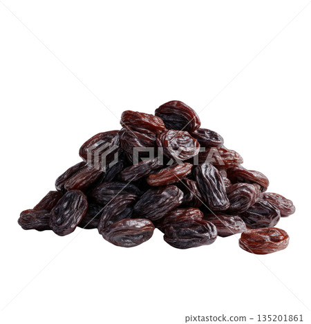Pile of dried raisins with rich dark brown color and wrinkled texture, perfect for baking or snacking 135201861