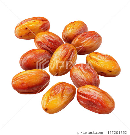 Close up of fresh ripe date fruit with glossy orange and red skin, showing natural texture and vibrant colors 135201862
