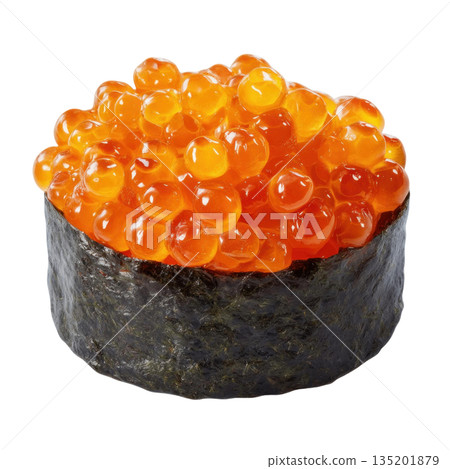Salmon roe sushi with shiny orange fish eggs wrapped in dark seaweed, offering fresh and appetizing seafood delicacy 135201879