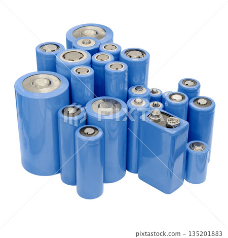 Group of small electric batteries of various sizes and shapes Group of small electric batteries of various sizes and shapes 135201883