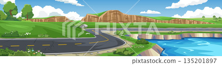 Vector illustration of a winding asphalt road running through a green landscape with a river, rocky cliffs, trees, and a blue sky with white clouds. Scenic nature background for travel concepts. 135201897