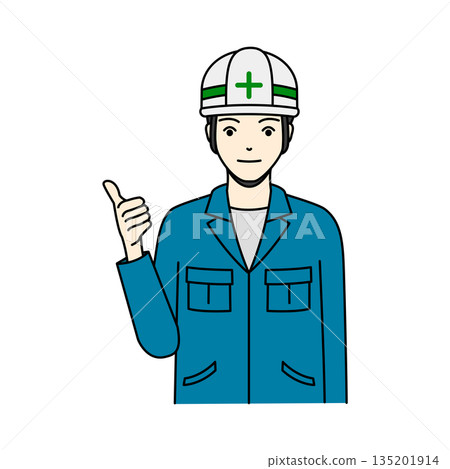 一名戴著安全帽、表情平靜的男工人正比劃著手勢，表示一切順利。 135201914