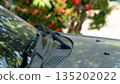 Close up of car windshield wipers on hood. Blurred green leaves and red flowers nature background. Vehicle detail concept at day time. 135202022