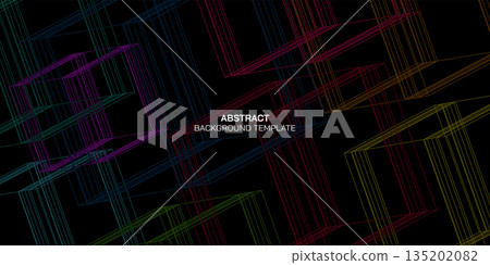 Abstract 1970's style vivid colors 3D square box outline on black background. Abstract 1970's style vivid colors 3D square box outline on black background. 135202082