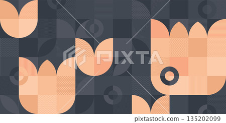 Abstract flowers peach tone geometric mosaic pattern decorative ornament on blue background vector illustration. Abstract flowers peach tone geometric mosaic pattern decorative ornament on blue background vector illustration. 135202099
