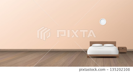 King size bed on wooden floor in the bedroom have peach tone wall background vector illustration. King size bed on wooden floor in the bedroom have peach tone wall background vector illustration. 135202108