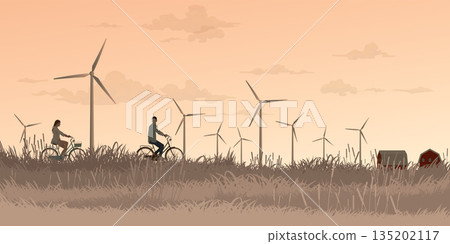 Man and woman riding bicycle together in countryside fields with wind turbines and vanilla sky background flat design vector illustration. Sustainable renewable green energy concept. Man and woman riding bicycle together in countryside fields with wind turbines and vanilla sky background flat design vector illustration. Sustainable renewable green energy concept. 135202117