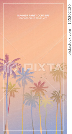 Pastel palm trees with surrealistic sky background vector illustration. Summer traveling and party at the beach peach color concept flat design with blank space. 135202120