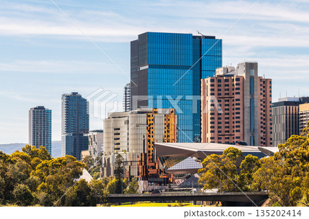 Adelaide City buildings skyline viewed across Torrens Riverbank and Montefiore Bridge on a day Adelaide City buildings skyline viewed across Torrens Riverbank and Montefiore Bridge on a day 135202414