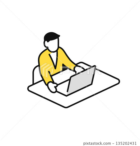 Simple vector icon illustration of a businessman doing research on a laptop Simple vector icon illustration of a businessman doing research on a laptop 135202431