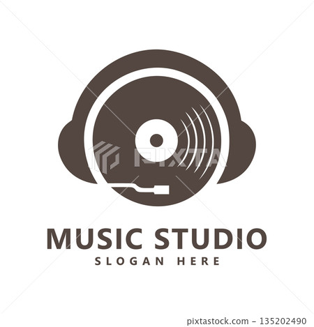Music Studio Logo Design with Vinyl Record, Tonearm, and Headphones Vector Music Studio Logo Design with Vinyl Record, Tonearm, and Headphones Vector 135202490