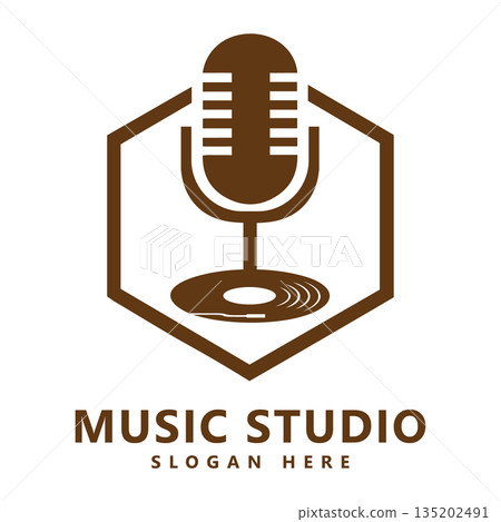 Music Studio Logo Design with Microphone and Vinyl Record Inside Hexagon Vector Music Studio Logo Design with Microphone and Vinyl Record Inside Hexagon Vector 135202491