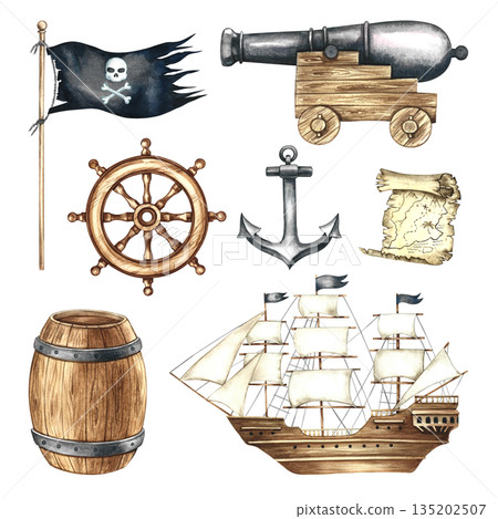 Marine, pirate set. Hand-drawn watercolor illustration. Sailing ship, ship cannon, steering wheel, anchor, pirate flag, and other marine elements. For postcards, posters, flyers, and more. Marine, pirate set. Hand-drawn watercolor illustration. Sailing ship, ship cannon, steering wheel, anchor, pirate flag, and other marine elements. For postcards, posters, flyers, and more. 135202507