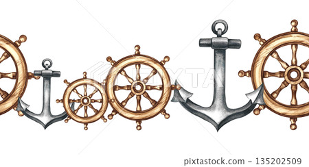 Seamless border with ship anchors and rudders. Hand-drawn watercolor illustrations. For textiles and postcards, posters and banners, packaging, and more. Seamless border with ship anchors and rudders. Hand-drawn watercolor illustrations. For textiles and postcards, posters and banners, packaging, and more. 135202509