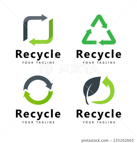Recycle Logo Design Set with Eco Symbols, Arrows, and Leaf Vector 135202603
