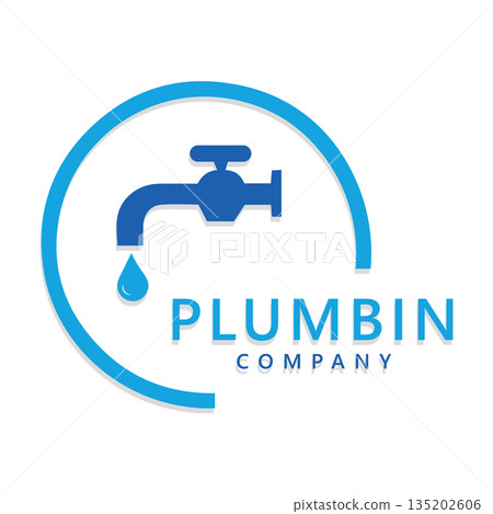 Plumbing Company Logo Design with Blue Faucet, Water Drop, and Circular Arc Vector Plumbing Company Logo Design with Blue Faucet, Water Drop, and Circular Arc Vector 135202606