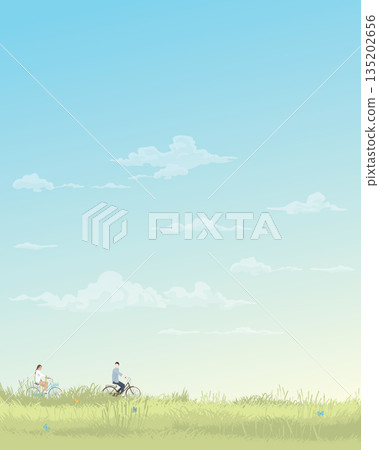 Man and woman riding bicycle together with nature landscape spring season flat design vector illustration vertical shape have blank space. 135202656