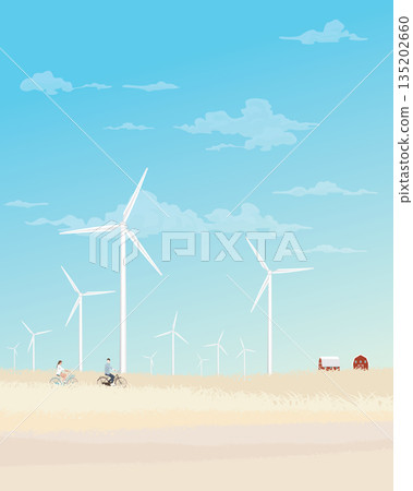 Man and woman riding bicycle together in countryside fields with wind turbines and blue sky background flat design vector illustration. Sustainable renewable green energy concept. 135202660
