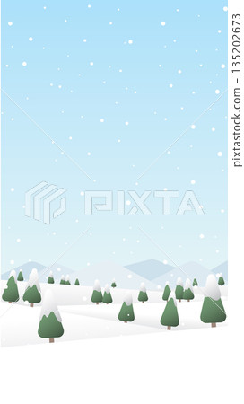 Winter mountains landscape with pines and hills vector illustration. Merry Christmas and Happy New Year greeting card vertical template. 135202673
