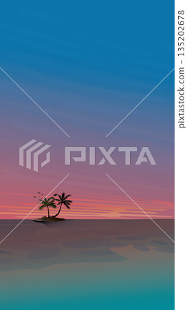 Sunset at the ocean with small tropical island and palm trees flat design. Travel concept vector illustration vertical background. Sunset at the ocean with small tropical island and palm trees flat design. Travel concept vector illustration vertical background. 135202678