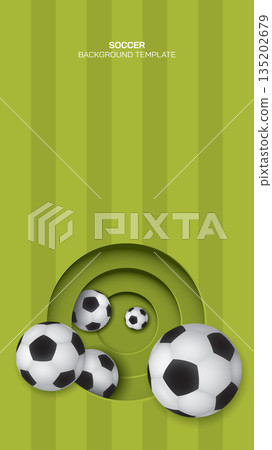3D vector illustration of soccer balls in circle frame paper cut style with soccer field background have blank space. Football concept background. 3D vector illustration of soccer balls in circle frame paper cut style with soccer field background have blank space. Football concept background. 135202679