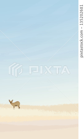 Young deer in countryside fields landscape in autumn flat design vector illustration vertical shape have blank space. 135202681