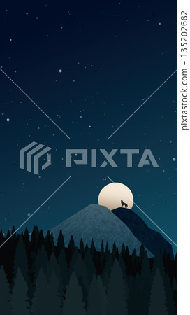 Night of mountainscape with full moon, wolf howling and pines forest vector illustration. Hiking theme vertical background. Travel concept of discovering, exploring and observing nature. 135202682