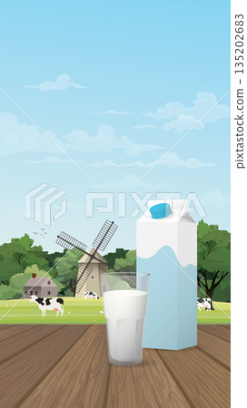 A glass of milk with milk package on wooden table have old farm windmill and livestock background. Dairy product concept vector illustration vertical shape have blank space. 135202683