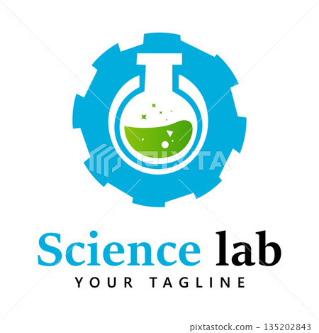 Science Lab Icon Logo Design with Green Flask and Blue Gear Vector 135202843